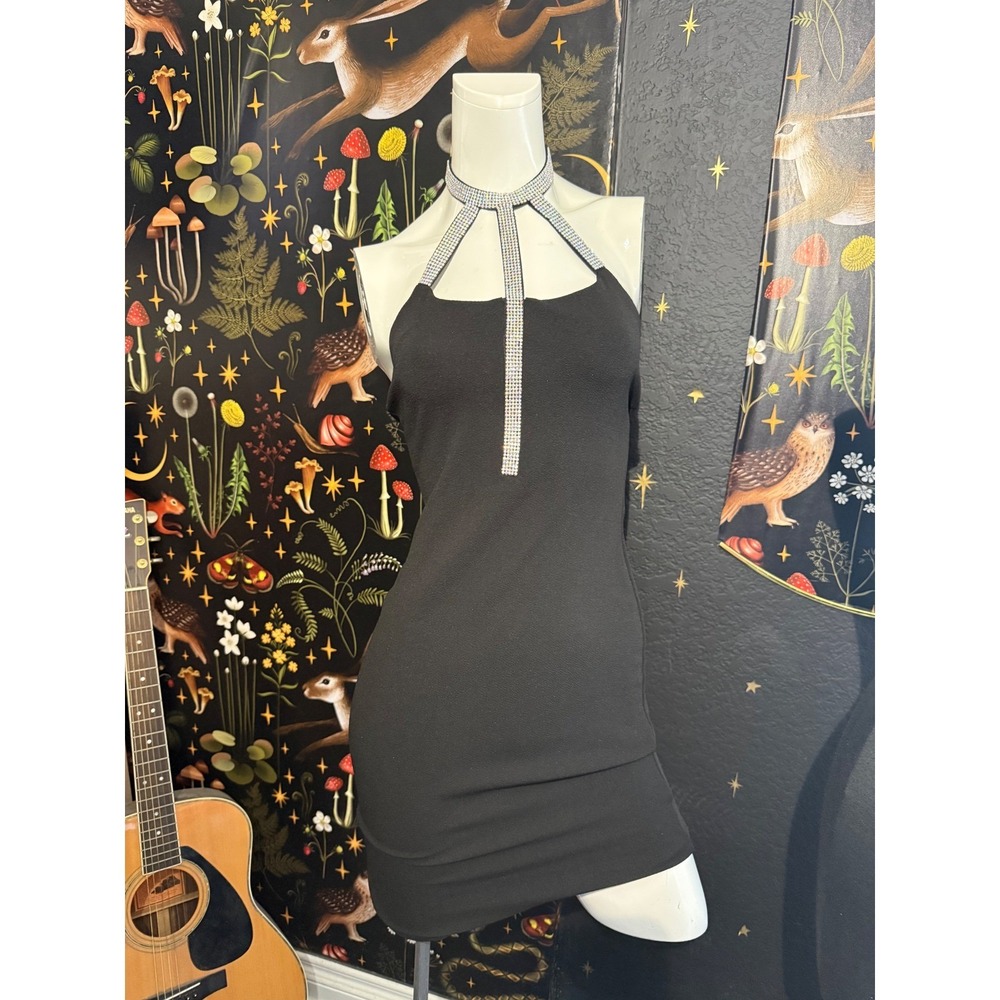 Black Rhinestone‎ 90s/y2k Halter Bodycon Mini Dress Clubwear Party Size Small